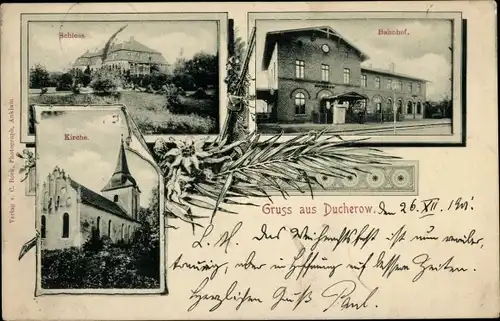 Ak Ducherow in Vorpommern, Schloss, Bahnhof, Kirche