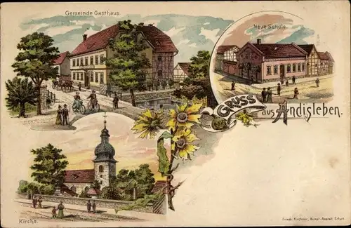 Litho Andisleben Thüringen, Gemeindegasthaus, Neue Schule, Kirche