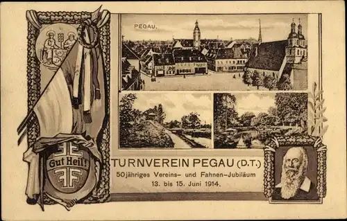 Ak Pegau in Sachsen, Turnverein Pegau, 50 jähriges Vereins- und Fahnen-Jubiläum 1914, Marktplatz