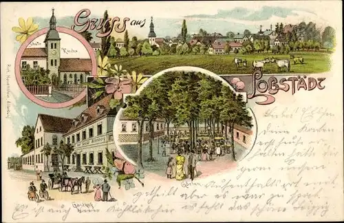 Litho Lobstädt Neukieritzsch in Sachsen, Schule, Kirche, Gasthof, Garten