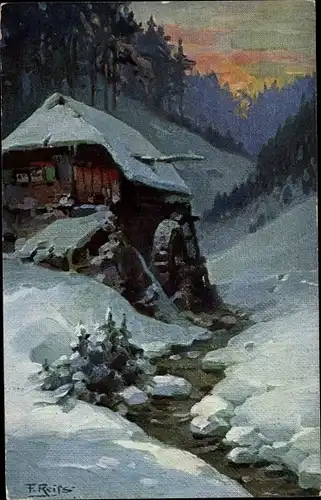 Künstler Ak Reiss, Fritz, Winter im Schwarzwald, Wassermühle