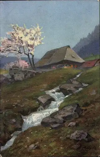 Künstler Ak Reiss, Fritz, Frühling im Schwarzwald, Flusslauf mit Blick zu einem Gehöft