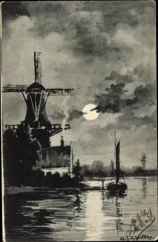 Mondschein Künstler Litho Windmühle, Wohnhaus am Wasser