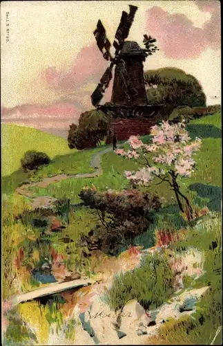 Litho Windmühle, Wiese, Blühender Baum