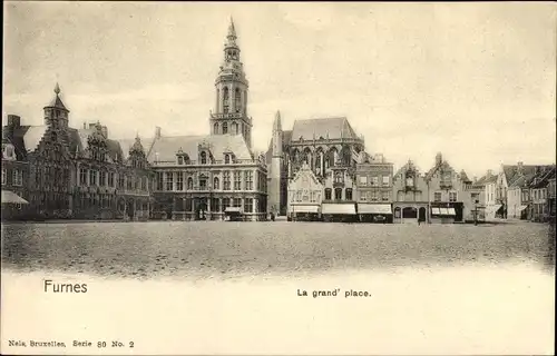 Ak Furnes Veurne Westflandern, La grand'place, Turm