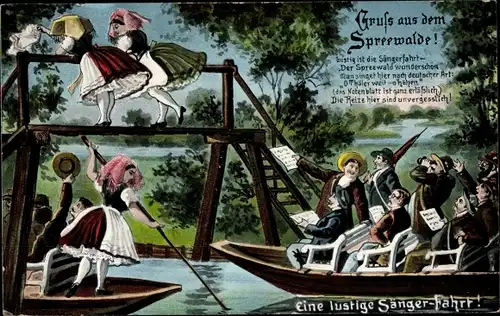 Ak Spreewald, Eine lustige Sängerfahrt, Spreewälderinnen in Tracht, Männer im Kahn