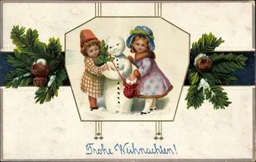 Präge Ak Glückwunsch Neujahr, Kinder, Schneemann, Tannenzweige