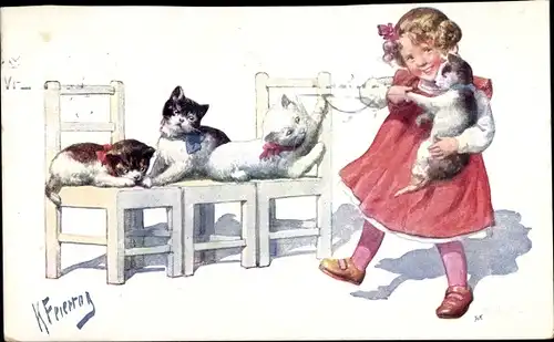 Künstler Ak Feiertag, K., Mädchen, Katze auf dem Arm, Katzen auf Stühlen spielend, BKWI 191 2
