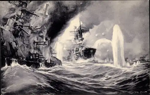 Künstler Ak Stöwer, W., Vernichtung russischer Kriegsschiffe
