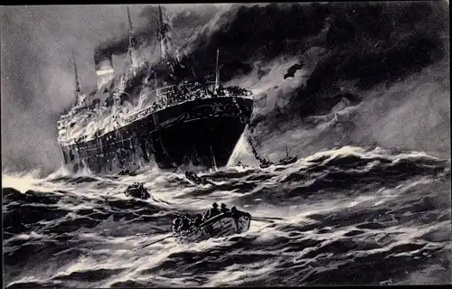 Künstler Ak Stöwer, Willy, Torpedierter englischer Handelsdampfer wird von der Mannschaft verlassen
