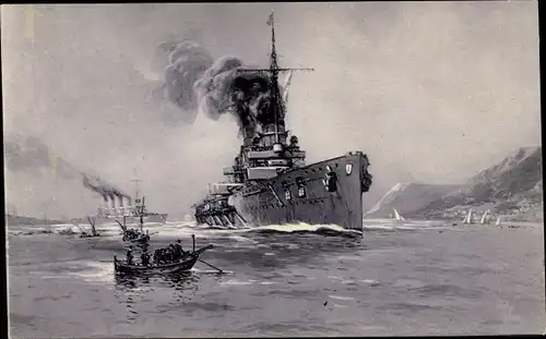 Künstler Ak Stöwer, Willy, Deutsches Kriegsschiff, Panzerkreuzer, SMS Goeben, SMS Breslau, Messina