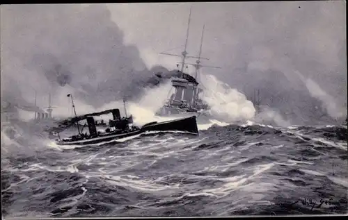 Künstler Ak Stöwer, W., Torpedoboots-Angriff in der Nordsee