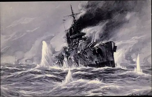 Künstler Ak Stöwer, W., Vernichtung eines englischen Schlachtkreuzers, Schlacht in der Nordsee 1915