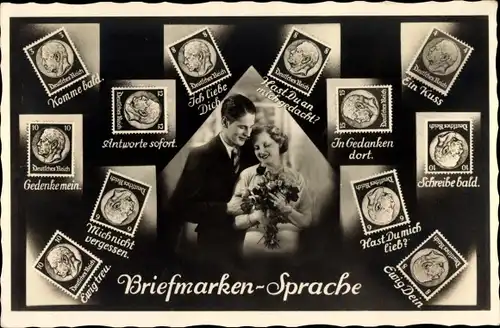 Ak Briefmarkensprache, Liebespaar, Komme bald, Ich liebe Dich