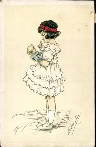 Künstler Ak Cenni, E., Mädchen in weißem Kleid, Puppe