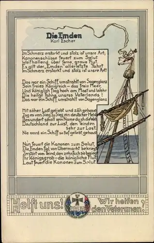 Ak Gedicht Die Emden von Karl Escher, Kriegshilfe, Veteranen, Schiff