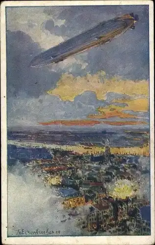 Künstler Ak Eckenbrecher, T. v., Zeppelin über Antwerpen