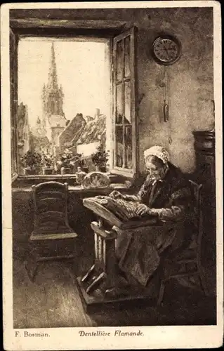 Künstler Ak Bosman, F., Belgien, Flämische Klöpplerin bei der Arbeit