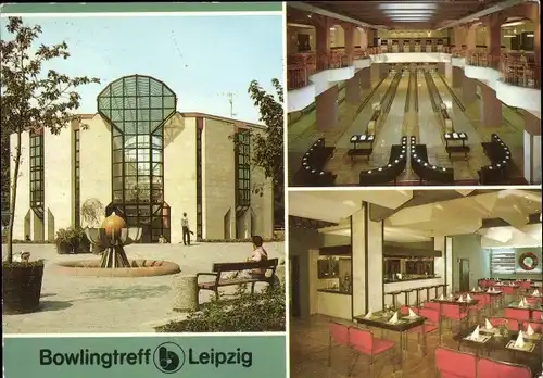 Ak Leipzig in Sachsen, Bowlingtreff, Außenansicht, Billardgalerie, Kleine Halle mit Restaurant