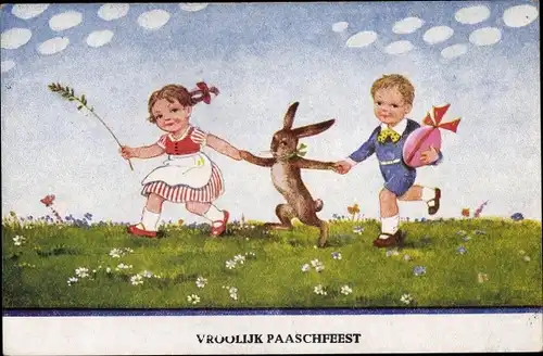 Künstler Ak Wills, John, Frohe Ostern, Kinder mit Osterhase