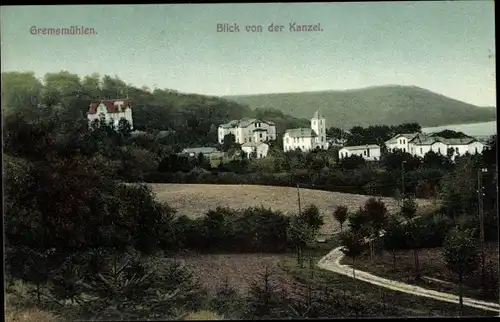 Ak Gremsmühlen Malente in Ostholstein, Blick von der Kanzel, Häuser, Straße
