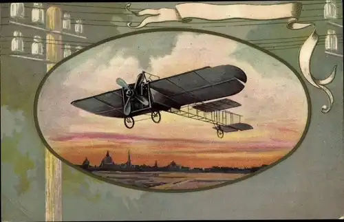 Passepartout Ak Künstler Ak Flugzeug, Monoplan in der Dämmerung