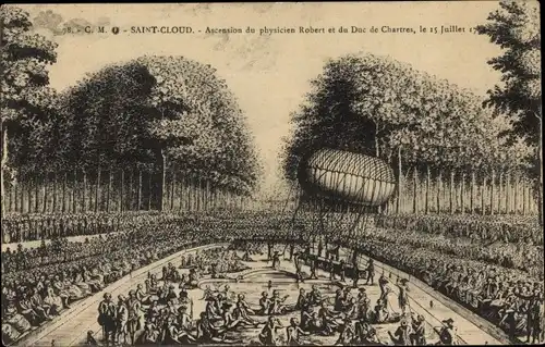 Ak Saint Cloud, erster Ballonaufstieg Robert und Duc de Chartres, 1783
