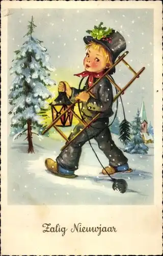Ak Fröhliches Neujahr, Kind als Schornsteinfeger, Leiter, Laterne
