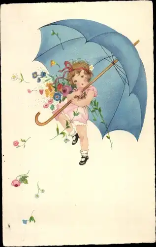 Künstler Ak Mädchen mit blauem Schirm, Blumen