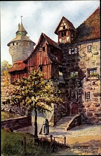 Künstler Ak Sollmann, Nürnberg, Burgeingang, Straßenfegerin, Turm