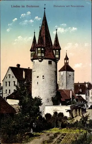 Ak Lindau am Bodensee Schwaben, Diebsturm mit Peterskirche