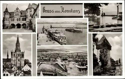 Ak Konstanz am Bodensee, Totalansicht, Rathaushof, Hafen, Münster, Rheintorturm