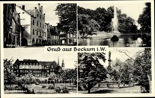 Ak Beckum in Westfalen, Rathaus, Stadtgarten, Marienplatz, Krankenhaus