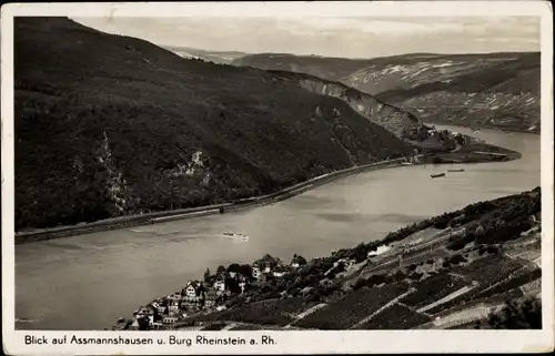 Ak Trechtingshausen am Rhein, Burg Rheinstein, Blick auf Assmannshausen