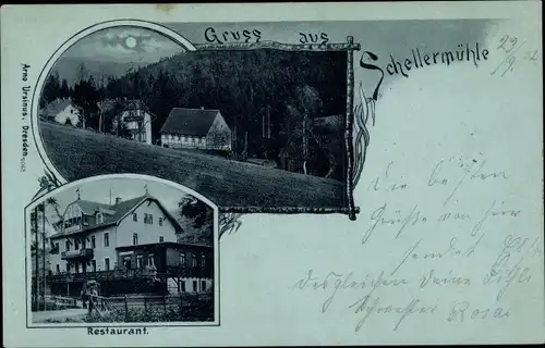 Mondschein Ak Altenberg im Erzgebirge, Restuarant, Schellermühle