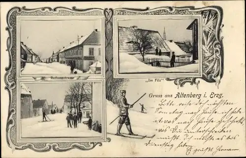 Passepartout Ak Altenberg im Erzgebirge, Skiläufer, Winter, Straßenpartie