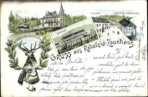 Litho Rehefeld Zaunhaus Altenberg im Erzgebirge, Jagdschloss, Bahnhof, Zollamt, Gasthaus Fischerhaus