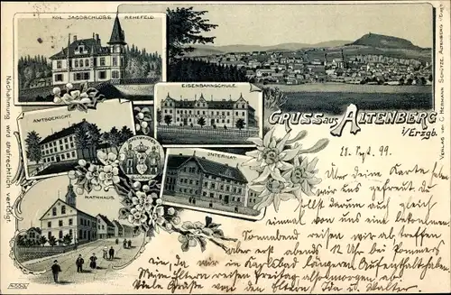 Litho Altenberg im Osterzgebirge, Kgl. Jagdschloss Rehefeld, Amtsgericht, Rathaus, Internat