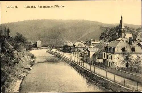 Ak La Roche en Ardenne Wallonien Luxemburg, Panorama und die Ourthe