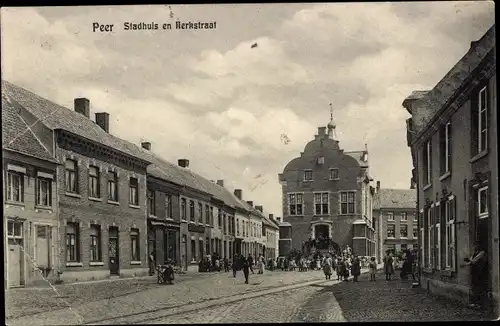 Ak Peer Flandern-Limburg, Stadhuis und Kerkstraat