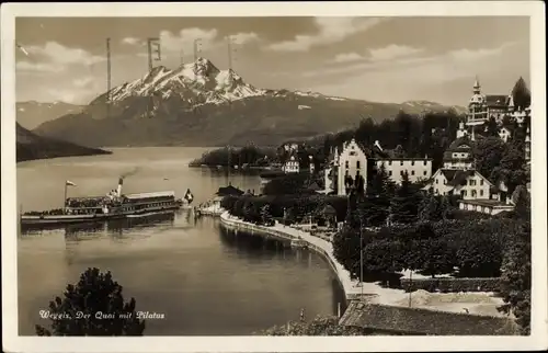 Ak Weggis Kanton Luzern, Quai mit Pilatus