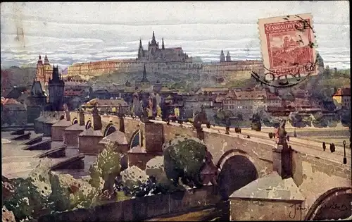 Künstler Ak Setelik, Praha Prag, Panorama des Hradschin, Brücke
