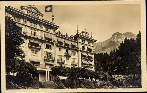 Ak Axenstein Kt. Schwyz, Blick aufs Grand Hotel, Berg