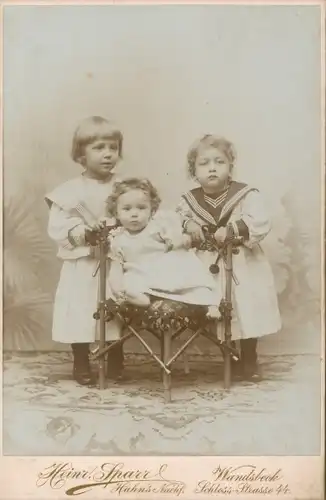 Kabinett Foto Kinderportrait, drei Kinder, Matrosenkleid, Franz Donner, Marie, Fritz