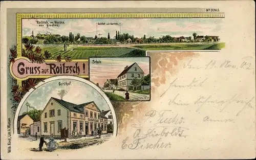 Litho Roitzsch Trossin in Sachsen, Panorama, Gasthof, Schule