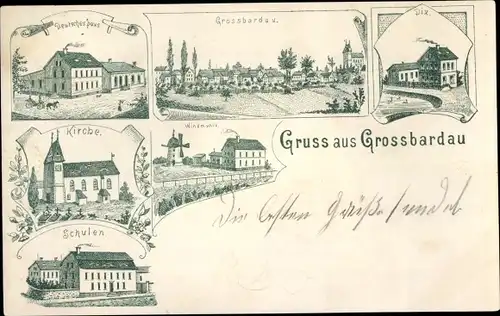 Litho Großbardau Grimma in Sachsen, Deutsches Haus, Kirche, Schulen, Windmühle, Dix