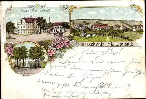 Litho Doberschwitz Leisnig in Sachsen, Gasthof Stadt Leisnig, König Albert Denkmal, Panorama