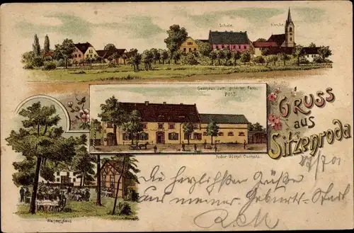 Litho Sitzenroda Schildau in Sachsen, Schule, Kirche, Gasthaus zum goldenen Fass, Post