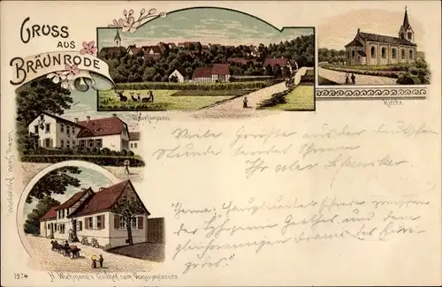 Litho Bräunrode Arnstein im Südharz, Oberförsterei, Kirche, Gasthof zum Vergissmeinnicht