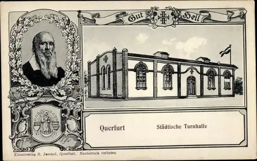 Passepartout Ak Querfurt im Saalekreis, Städtische Turnhalle, Turnvater Jahn